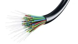Close-up of a cut black fiber optic cable showing a bundle of multicolored wires and fanned-out, thin, translucent optical fibers.