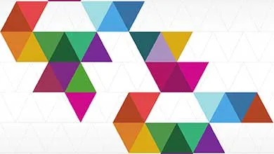 Abstract geometric pattern: multicolored triangles on white.